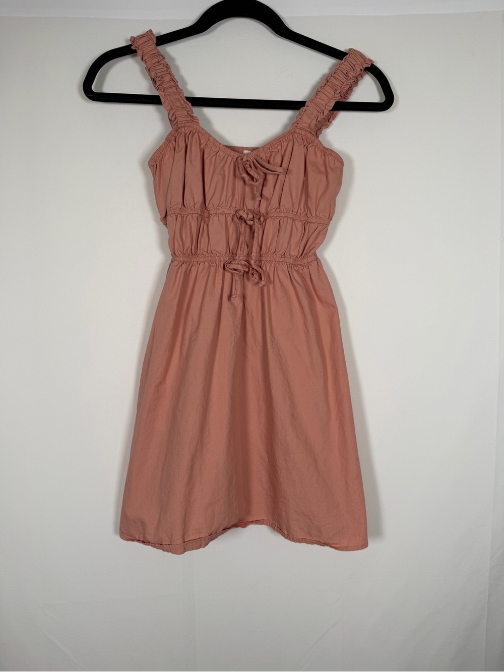 Dee Elly Anthropologie Cottage Ruched Strap Mini Dress in Rust Pink